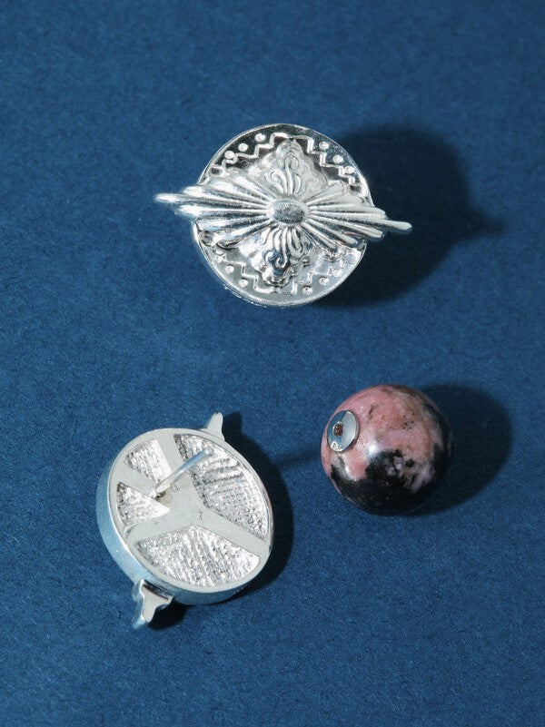 METAL STONE PIERCED EARRINGS RHODONITE SILVER