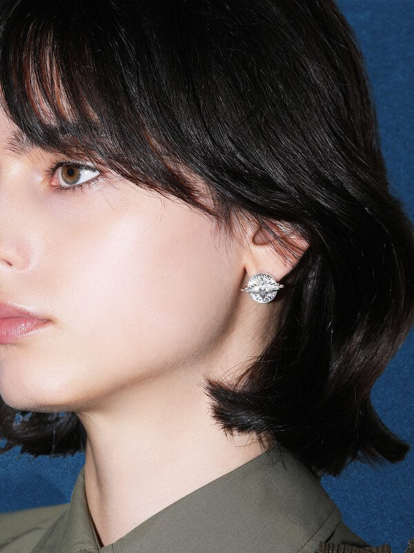METAL STONE PIERCED EARRINGS ONYX SILVER