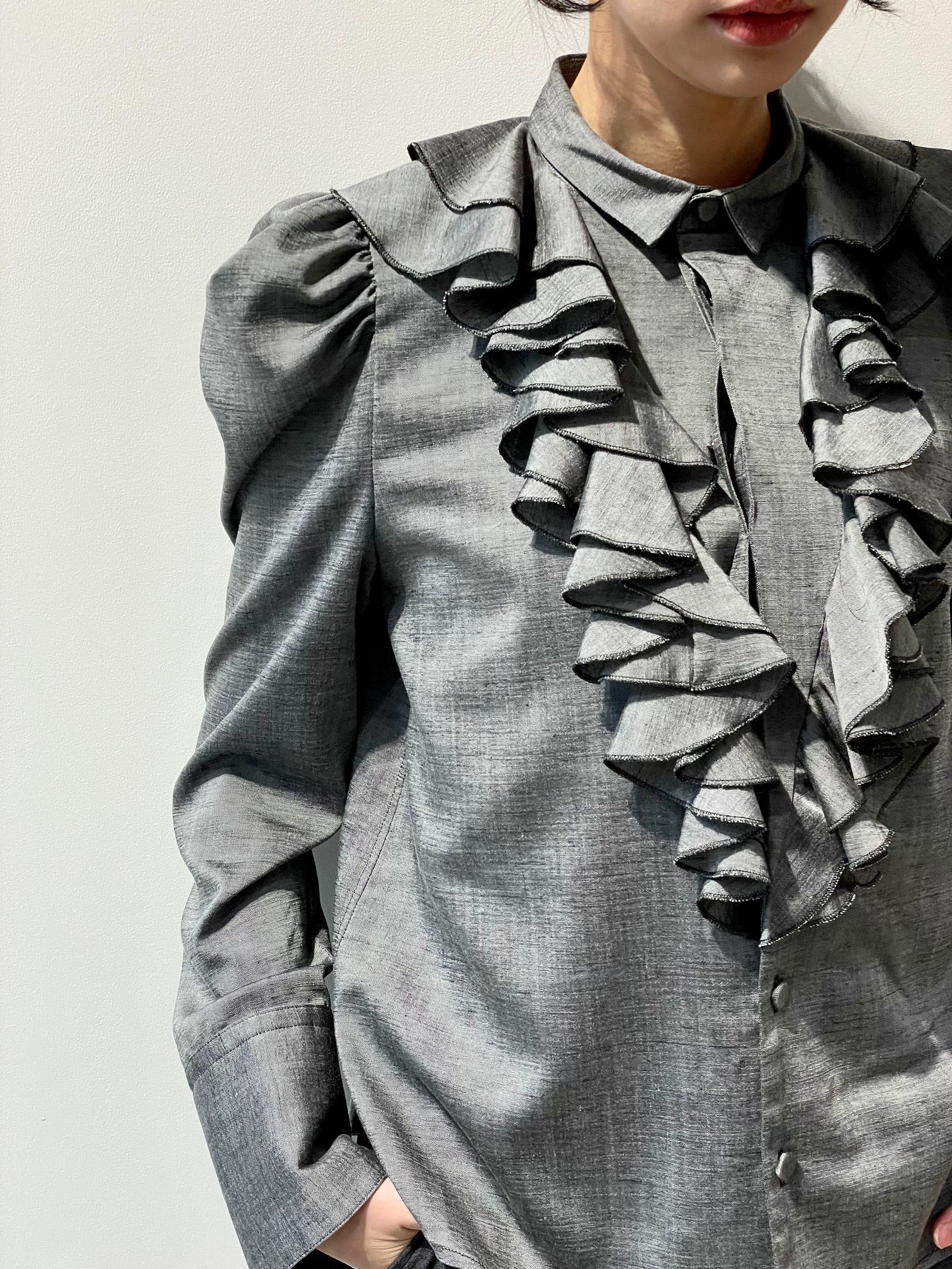 TOGA PULLA◆25SS/LAB TROPICAL FRILL SHIRT/長袖ブラウス/38/GRY/TP251-FJ210 TOGA ARCHIVES blouse 25SS LAB TROPICAL FRILL SHIRT LONG